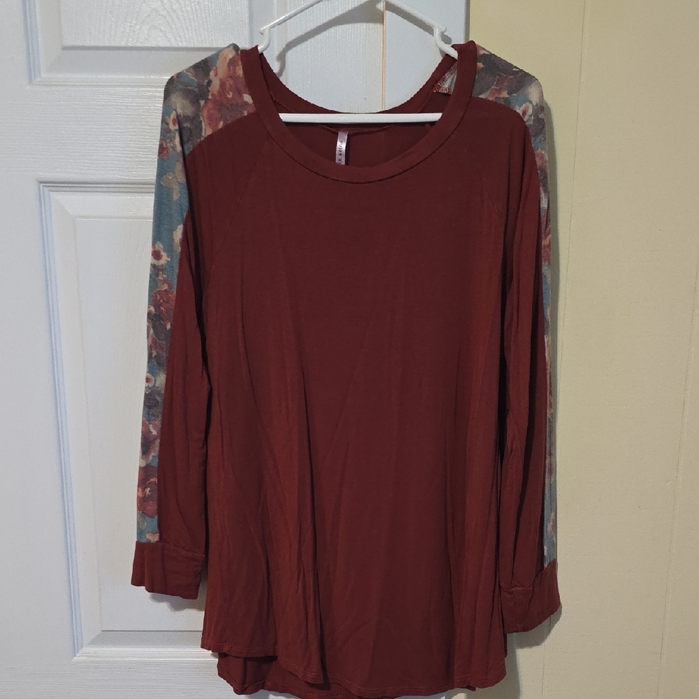 Rust Long Sleeve Top with Floral Accents